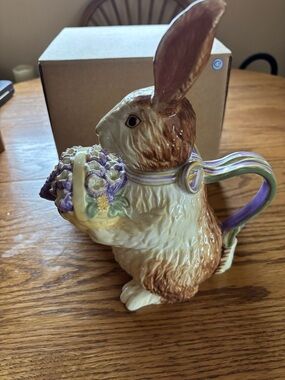 Longaberger Ceramic Bunny Pitcher in Brown and Cream with Pastel Handle